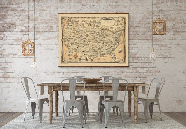 The United States of America Map Country Canvas on Ready to Hang Roll Down Canvas Decorative Antique Wall Decor Map Scroll Fashion