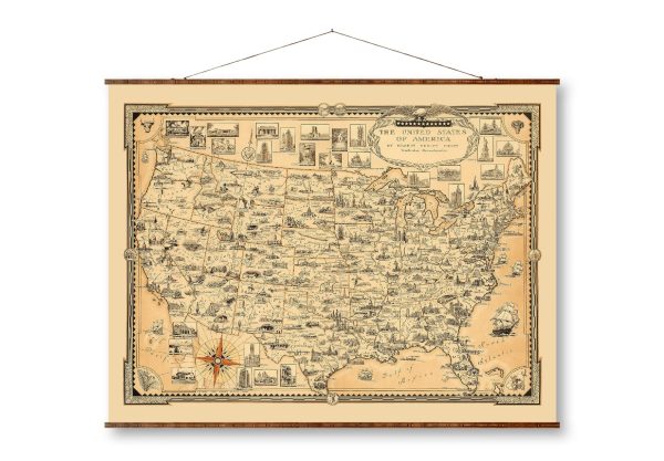 The United States of America Map Country Canvas on Ready to Hang Roll Down Canvas Decorative Antique Wall Decor Map Scroll Fashion