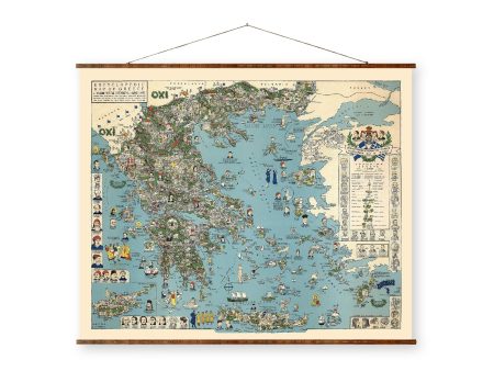 Map of Greece Vintage Pictorial Map on Ready to Hang Roll Down Canvas Decorative Antique Wall Decor Map Scroll Cheap