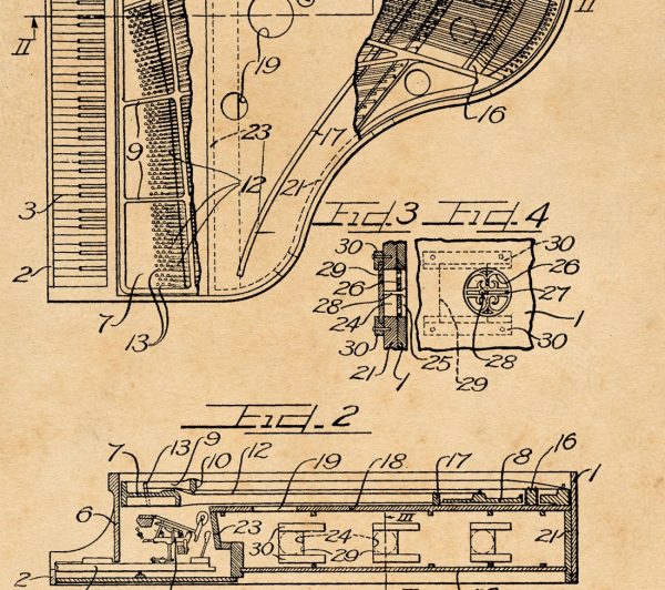 Grand Piano Patent Vintage Illustrations Ready to Hang Roll Down Industrial Decorative Musical Instrument Canvas Scroll For Cheap