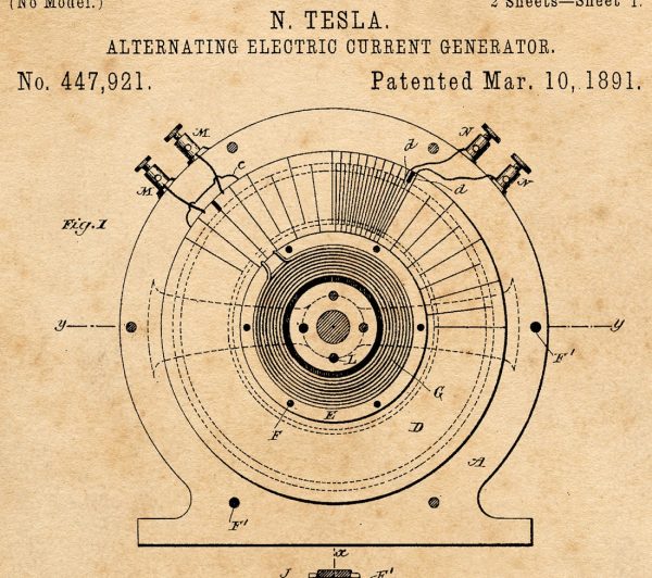 Tesla Alternating Electric Current Generator Patent Vintage Illustrations Ready to Hang Roll Down Industrial Steampunk Canvas Scroll For Sale