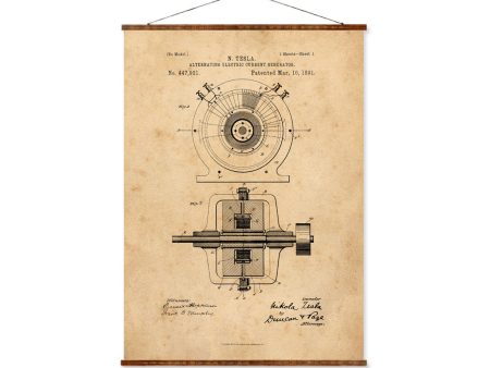 Tesla Alternating Electric Current Generator Patent Vintage Illustrations Ready to Hang Roll Down Industrial Steampunk Canvas Scroll For Sale