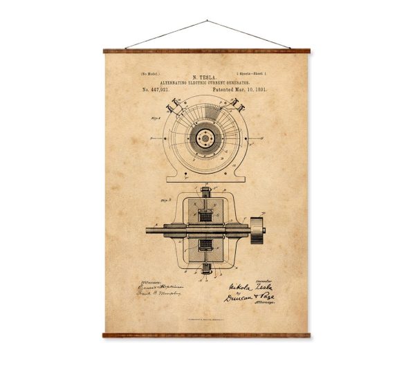 Tesla Alternating Electric Current Generator Patent Vintage Illustrations Ready to Hang Roll Down Industrial Steampunk Canvas Scroll For Sale